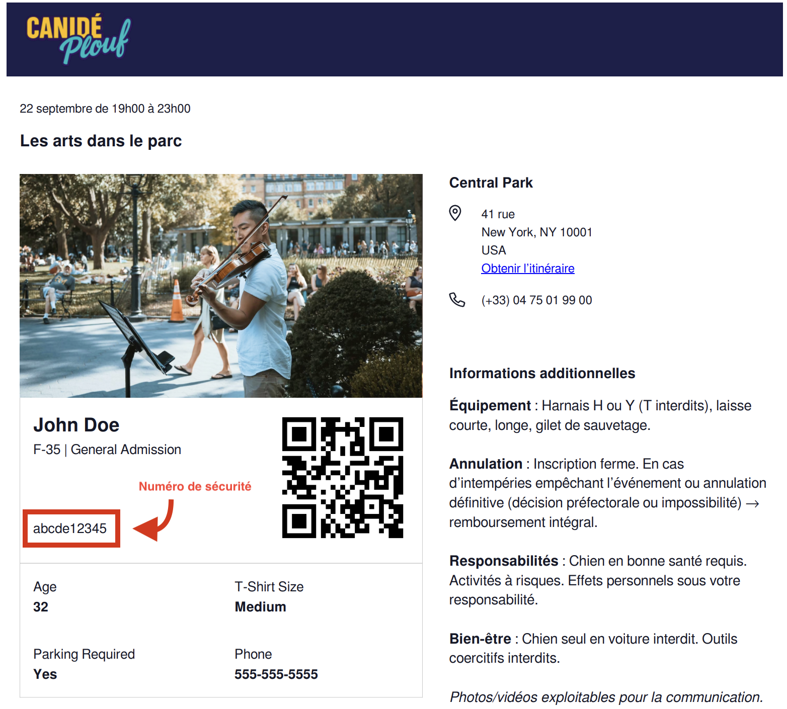 Exemple de billet : le code de dix caractères se trouve sous le nom du participant, à gauche du QR code.